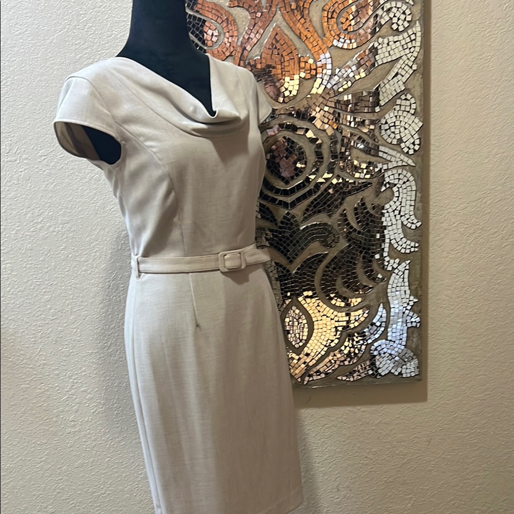 Calvin Klein Cream Sheath Dress Cowl Neck Cap Sleeve